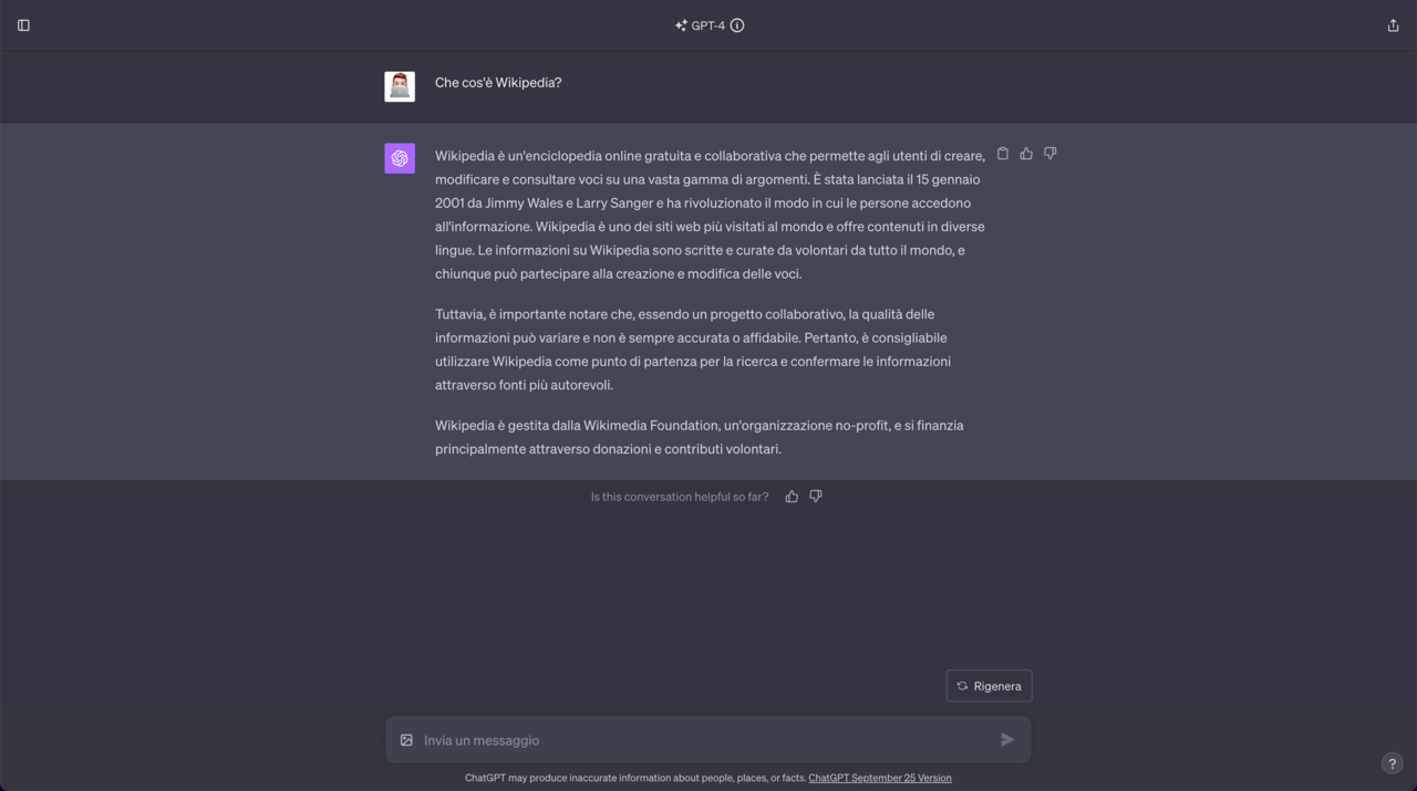 Interfaz de usuario de la plataforma de inteligencia artificial ChatGPT mostrando una conversación en curso.