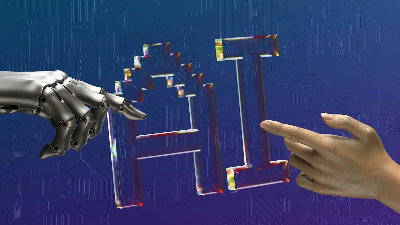 Una mano humana y una mano robótica se acercan hacia las letras AI en azul.