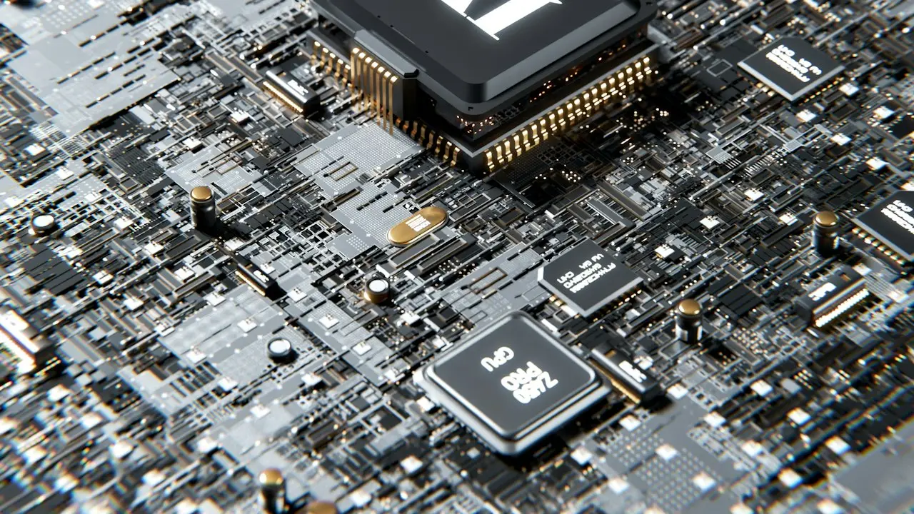 Primer plano de un procesador de computadora con la etiqueta AI sobre circuitos integrados.