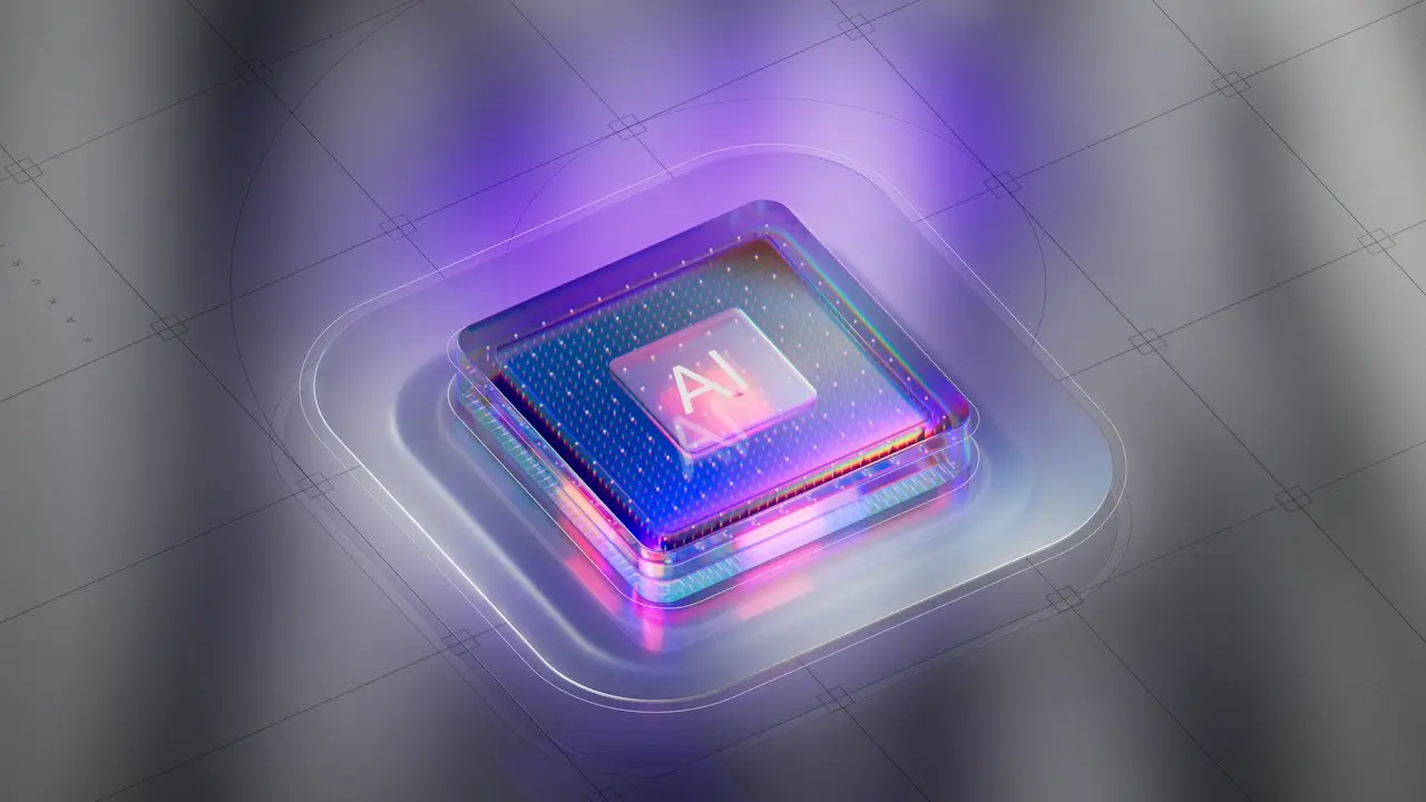 Un pequeño chip electrónico con luces brillantes sobre una superficie metálica gris.