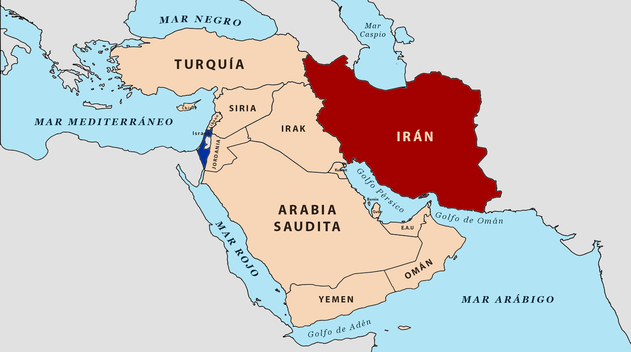 Mapa político que muestra la ubicación geográfica de Irán y los países vecinos en Oriente Medio.