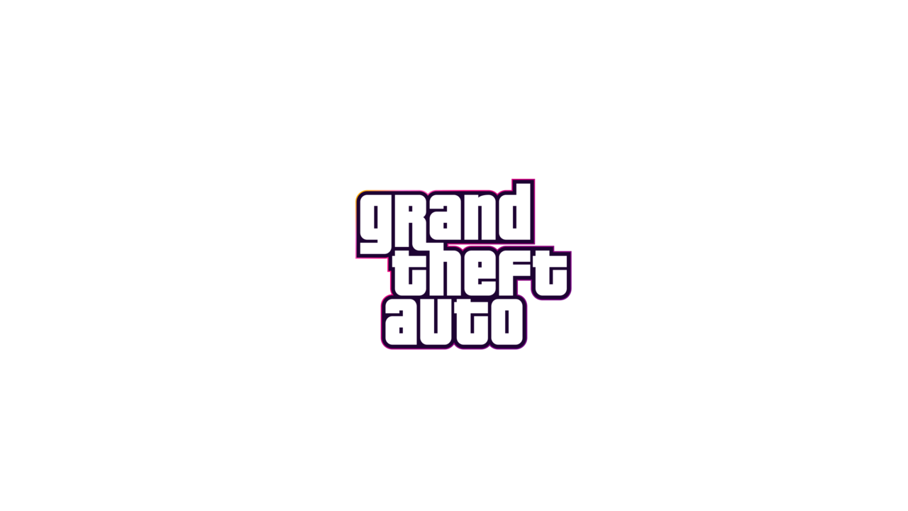 Logotipo clásico de Grand Theft Auto con letras blancas y borde violeta sobre fondo blanco.